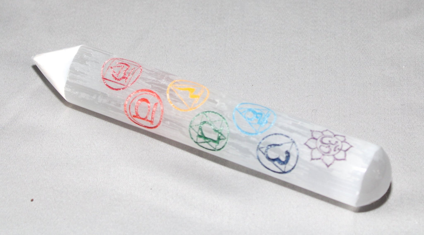 Selenite Wand with Chakra Symbols 6"