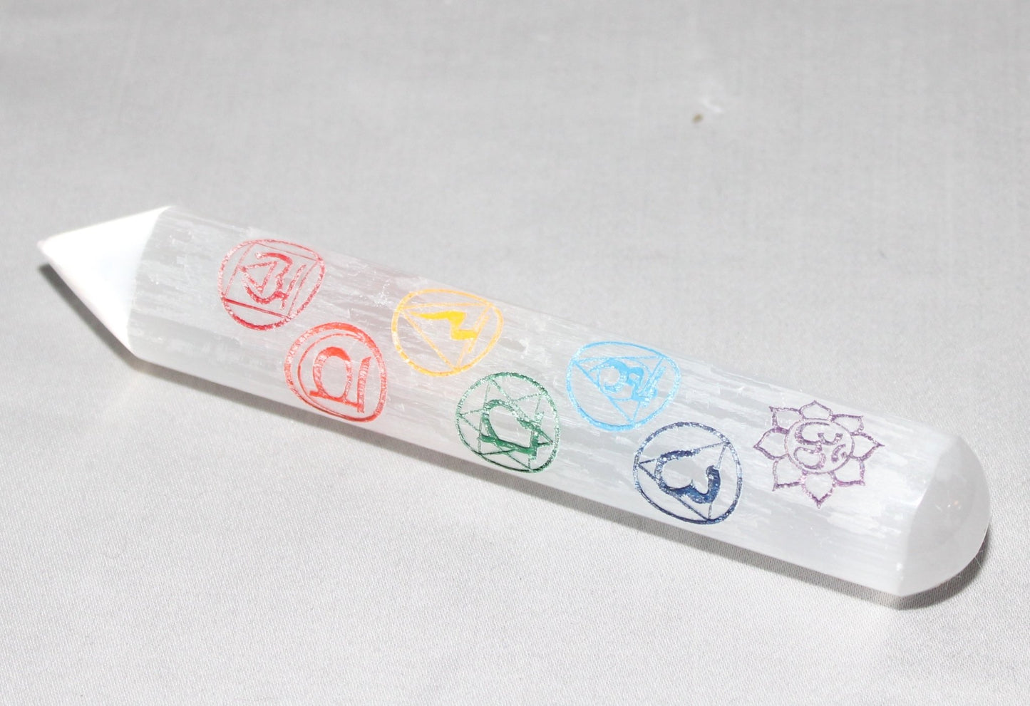 Selenite Wand with Chakra Symbols 6"